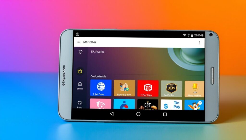 Generate an image of the OTT Navigator IPTV app interface on an Android device, showcasing its customizable features. Generate an image of the OTT Navigator IPTV app interface on an Android device, showcasing its customizable features.