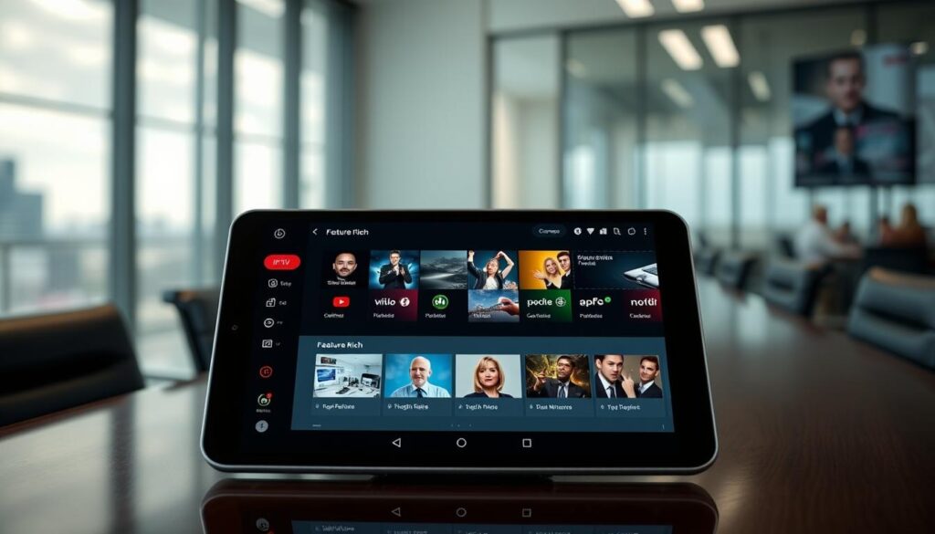Generate an image of the OTT Navigator IPTV interface on an Android device, showcasing its feature-rich dashboard.