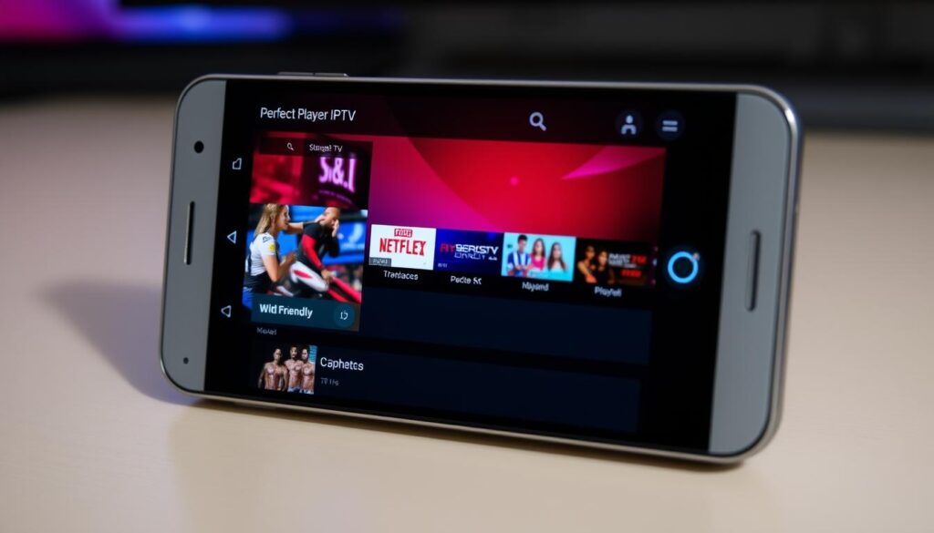 Generate an image of the Perfect Player IPTV app on an Android device, highlighting its simple and efficient interface.
