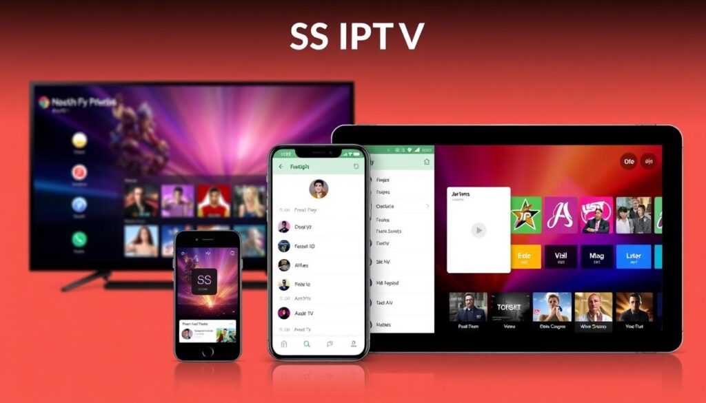 Generate an image of the SS IPTV app interface on multiple devices, showcasing its cross-platform compatibility.
