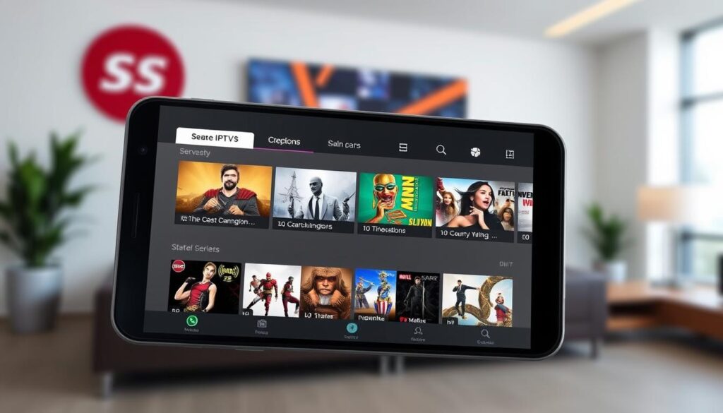 Generate an image of the SS IPTV application interface on an Android device, showcasing its user-friendly layout and various streaming options. Generate an image of the SS IPTV application interface on an Android device, showcasing its user-friendly layout and various streaming options.