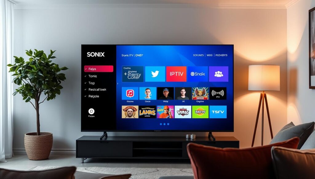 Generate an image of the Sonix IPTV interface on a TV screen.