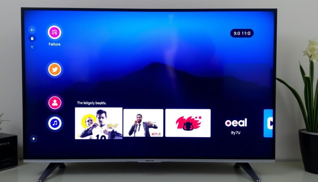 Generate an image of the Televizo IPTV player interface on an Android TV screen