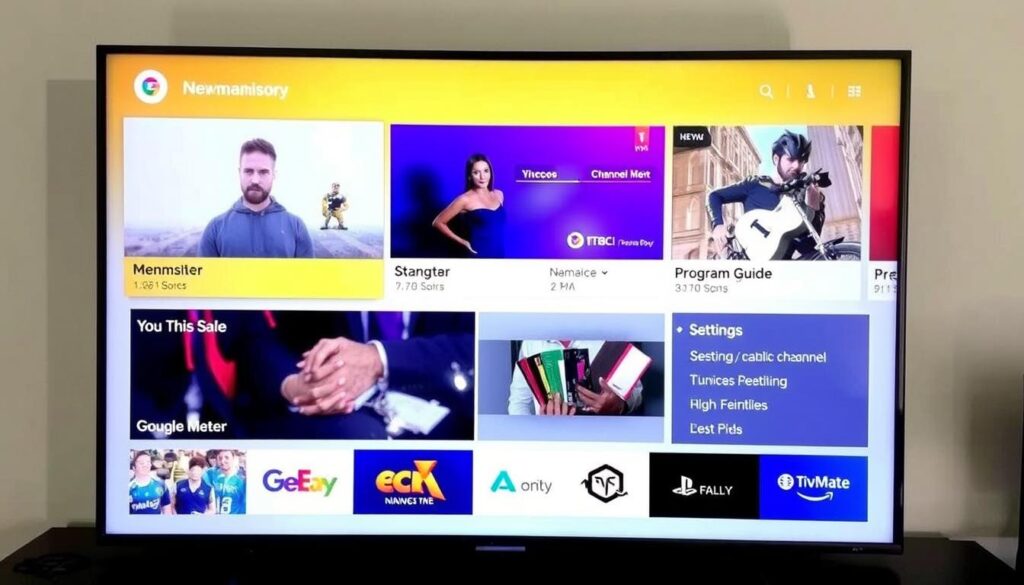 Generate an image of the TiviMate IPTV Player interface on an Android TV. Generate an image of the TiviMate IPTV Player interface on an Android TV.
