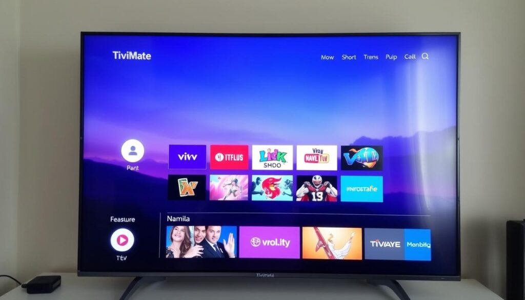 Generate an image of the TiviMate IPTV Player interface on an Android TV screen Generate an image of the TiviMate IPTV Player interface on an Android TV screen