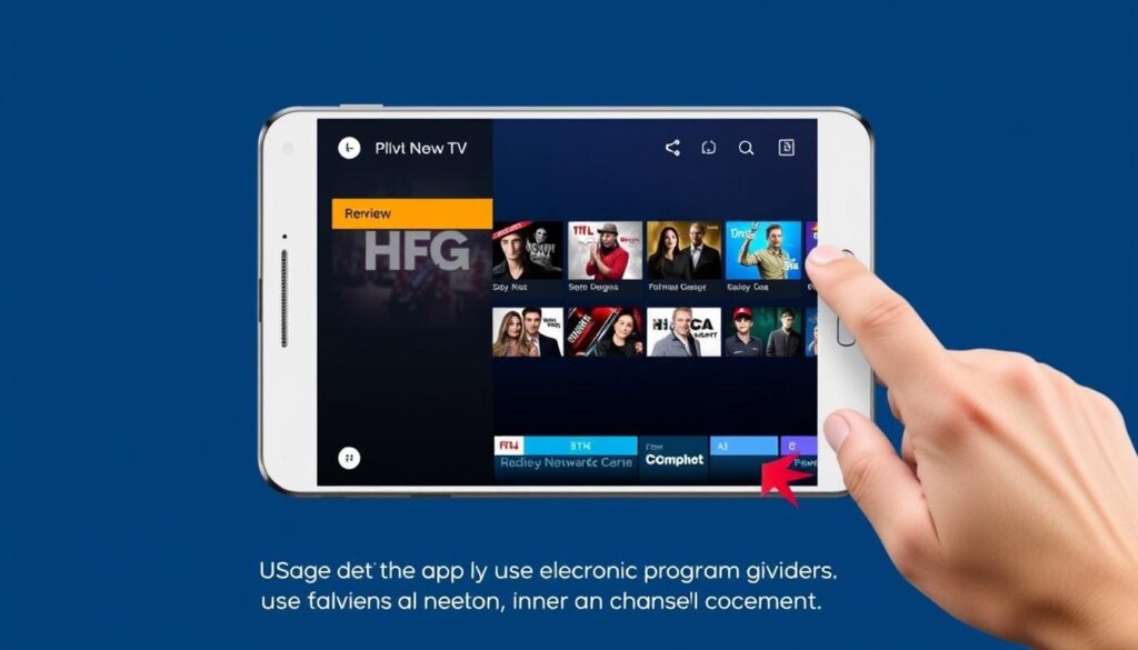 Generate an image of the TiviMate Premium app interface on an Android TV device, showcasing its user-friendly EPG and channel organization.