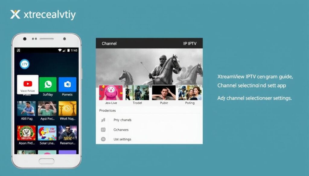 Generate an image of the XtreamView IPTV app's interface, showcasing its main features. Generate an image of the XtreamView IPTV app's interface, showcasing its main features.
