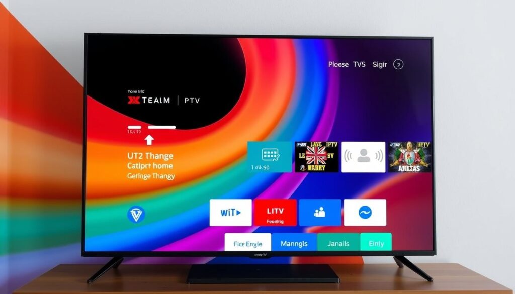 Generate an image of the xteam iptv app's home screen on a smart TV.