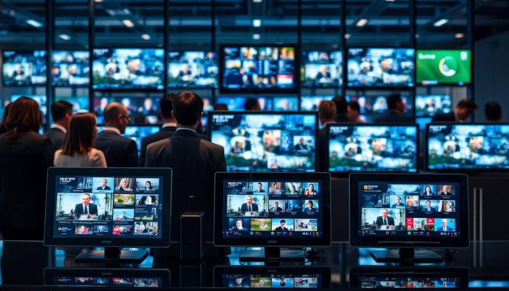 Generate an image of various IPTV devices showing different channels Generate an image of various IPTV devices showing different channels