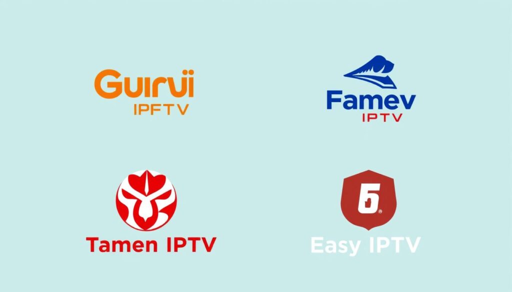 Generate an image of various IPTV service logos, including Guru IPTV, Fame IPTV, Tashan IPTV, and Easy IPTV. Generate an image of various IPTV service logos, including Guru IPTV, Fame IPTV, Tashan IPTV, and Easy IPTV.