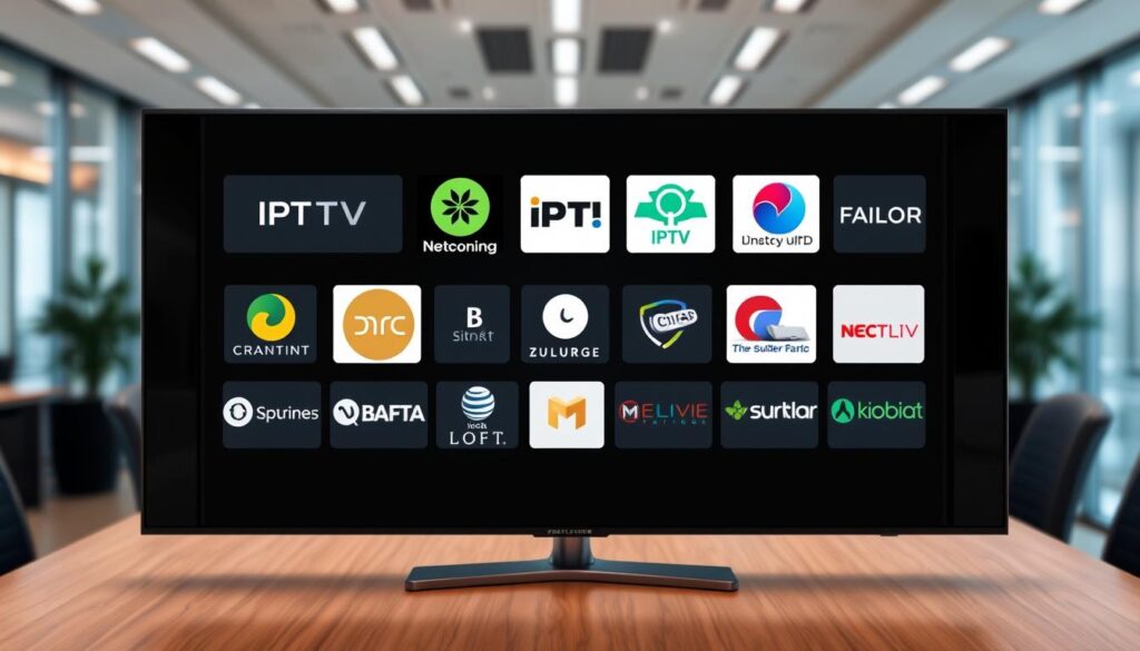 Generate an image of various IPTV service logos on a screen Generate an image of various IPTV service logos on a screen