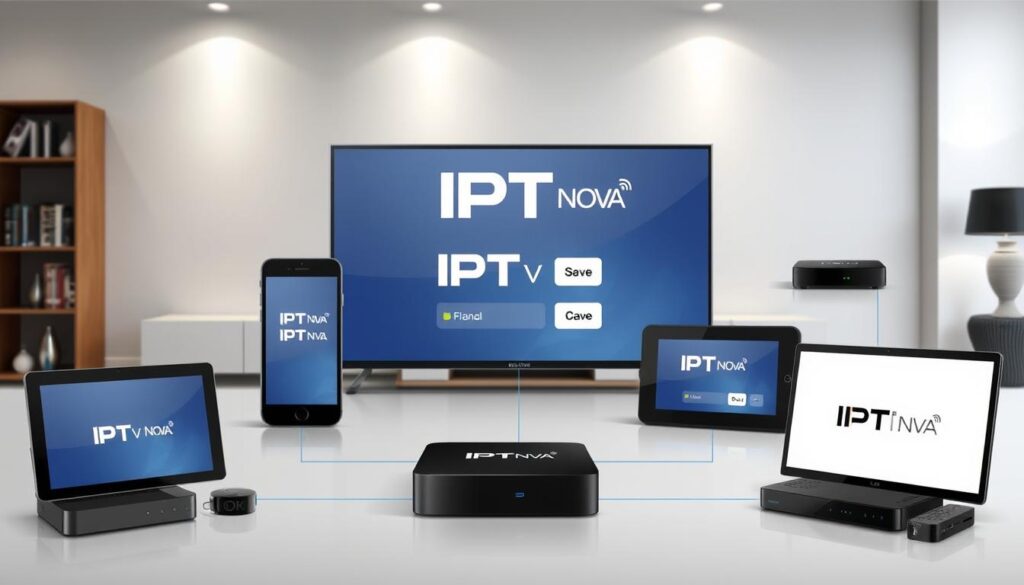 Generate an image of various devices (Smart TVs, smartphones, tablets, streaming devices) connected to IPTV Nova service.