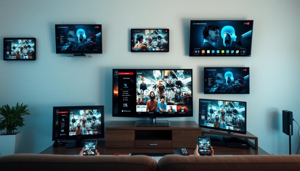 Generate an image of various devices streaming iptv alpha content