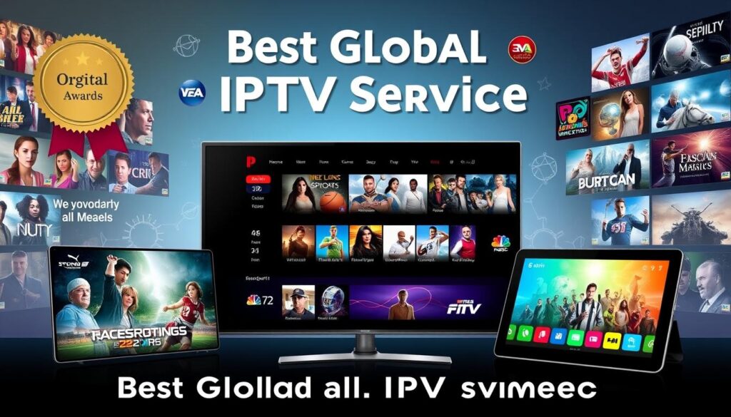 Generate an image representing Best Global IPTV Service's extensive library and high-quality streaming.