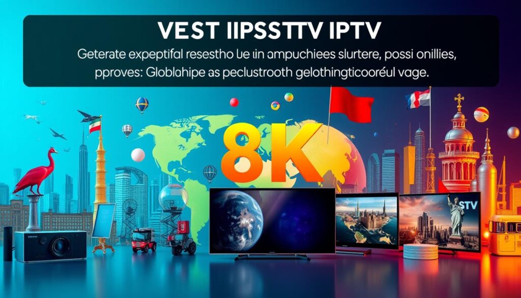 Generate an image representing EVESTV IPTV's 8K resolution support and global content.