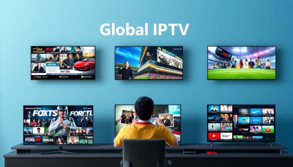 Generate an image representing Global IPTV's diverse channel offerings and on-demand content.