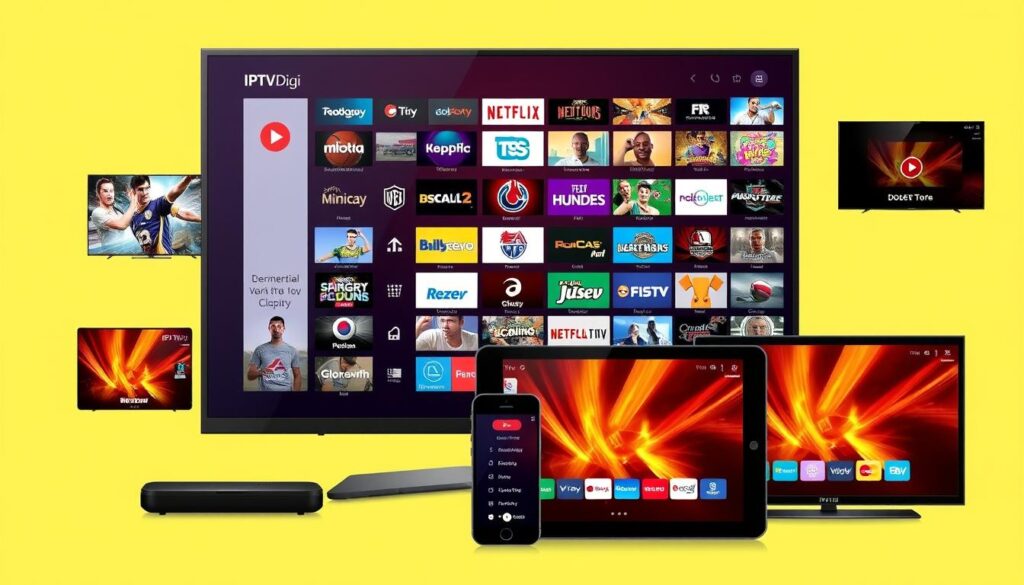 Generate an image representing IPTVDigi's IPTV service with a variety of channels and devices.