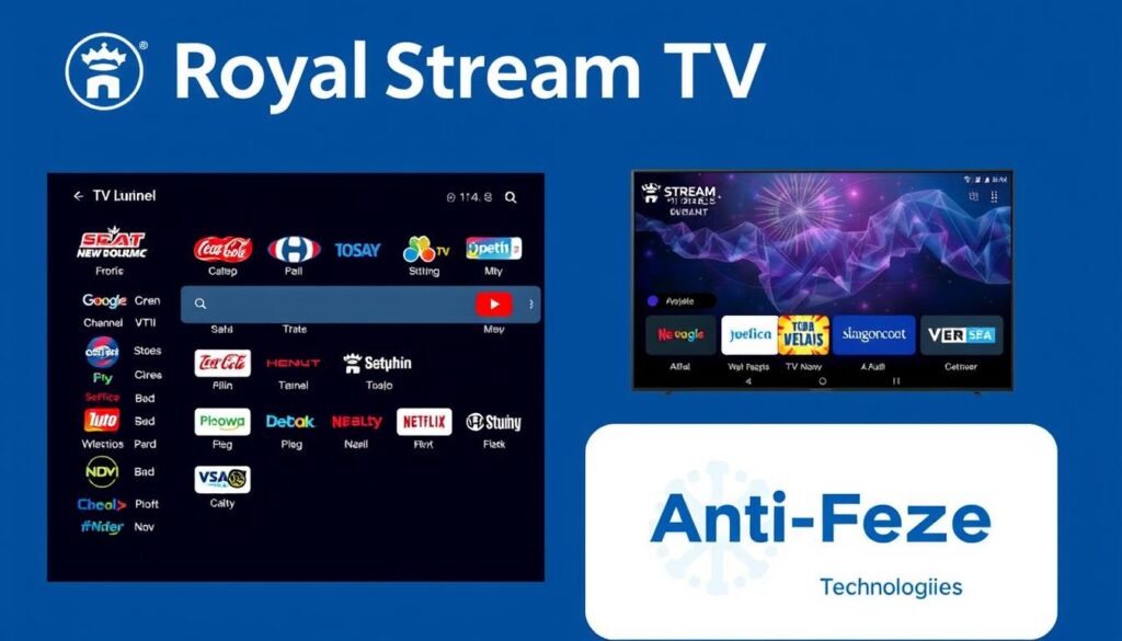 Generate an image representing Royal Stream TV's channel lineup and features like TV Guide (EPG) and Anti-Freeze Technology.