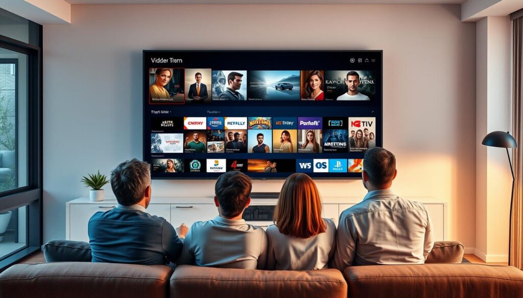 Generate an image representing TiVistation's immersive IPTV experience with a wide range of TV channels and VOD content.