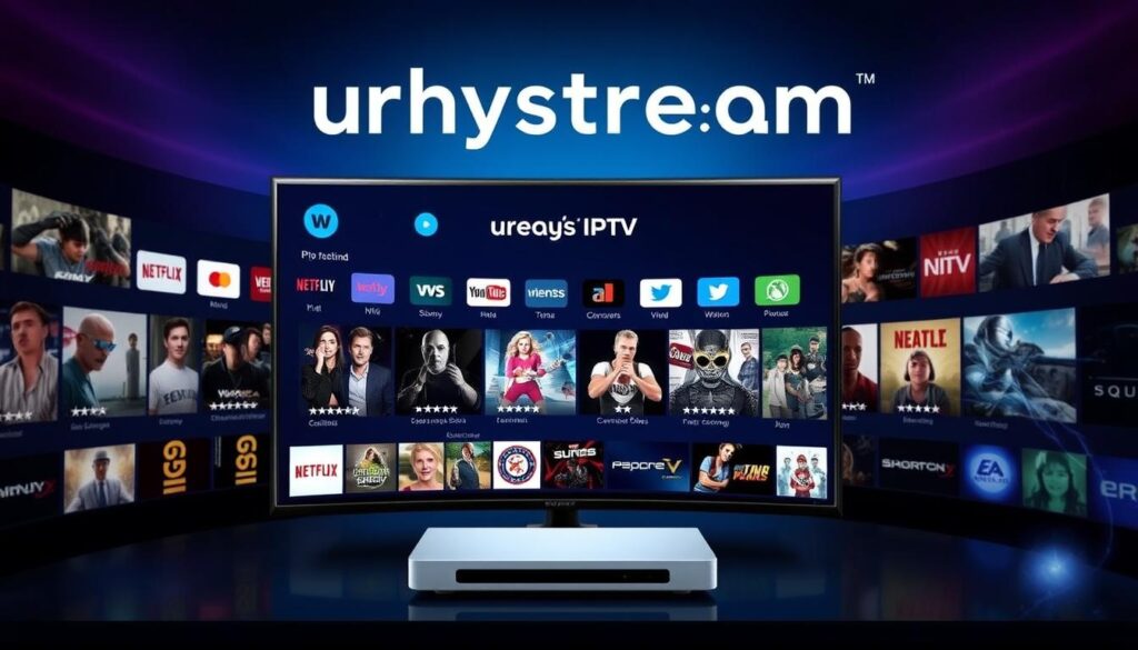 Generate an image representing Worthystream's IPTV service with a focus on its vast channel and VOD offerings.