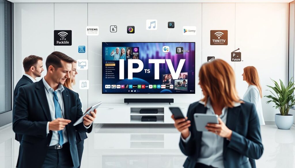 Generate an image representing the future of IPTV with trending services and technologies.