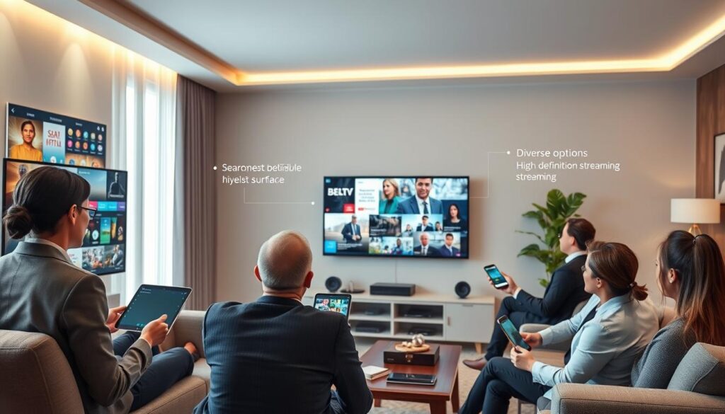 Generate an image representing the key features of a reliable IPTV service.