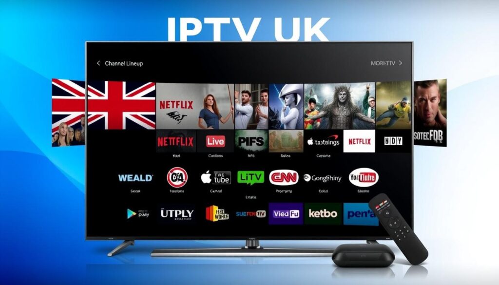 Generate an image showcasing IPTV UK's channel lineup, highlighting its UK content and streaming quality.