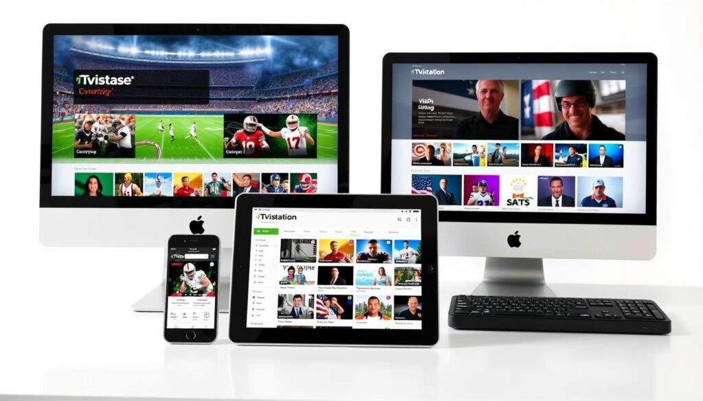 Generate an image showcasing TiVistation's user interface on multiple devices, highlighting its sports coverage and VOD library.