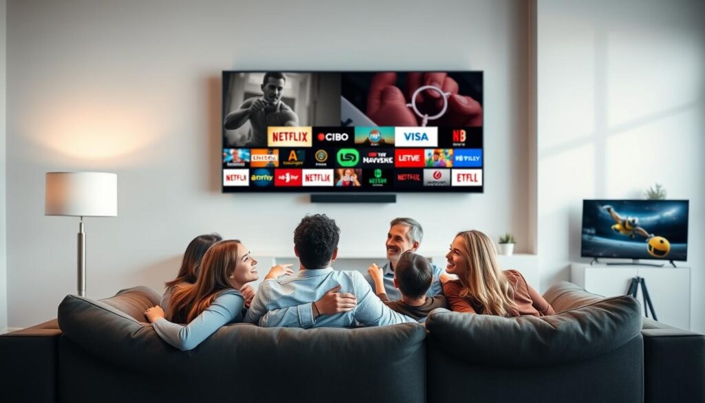 Generate an image showcasing a diverse range of channels and on-demand content available on IPTV Plus.