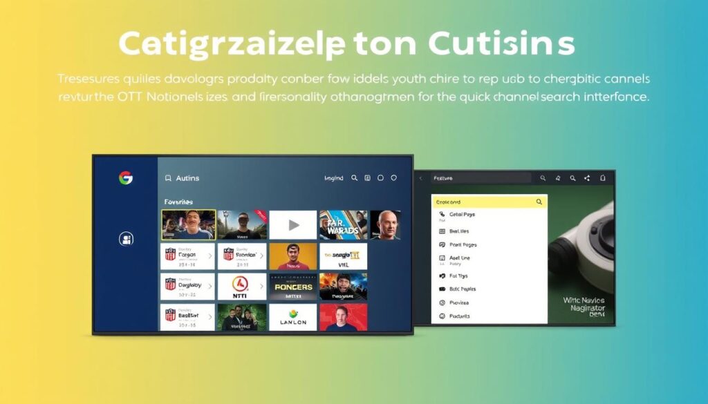 Generate an image showing OTT Navigator IPTV's customization options, such as favorites management and quick channel search. Generate an image showing OTT Navigator IPTV's customization options, such as favorites management and quick channel search.
