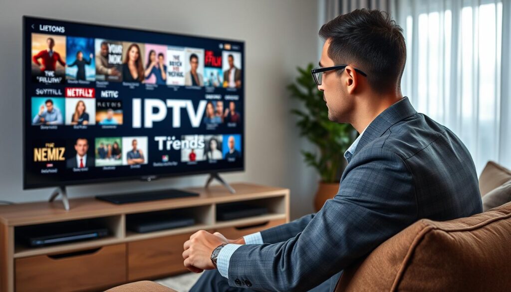 Generate an image showing a person browsing through a vast library of on-demand content on their smart TV, with the IPTV Trends logo displayed prominently.