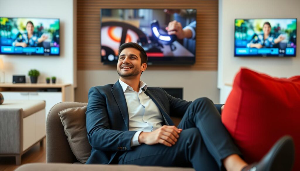 Image generation prompt: A person happily watching TV with multiple screens displaying various channels.