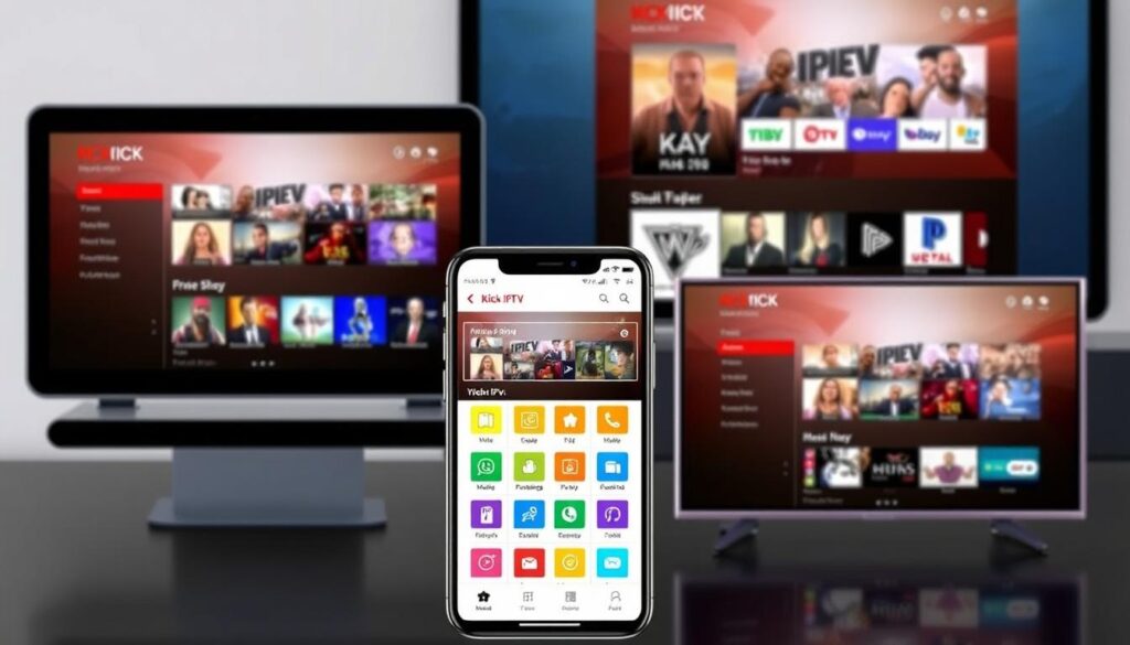 Image of Kick IPTV interface on multiple devices