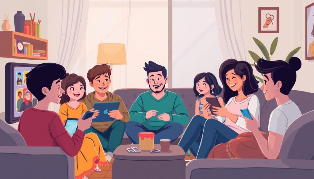 Image of a family watching different channels on various devices simultaneously.