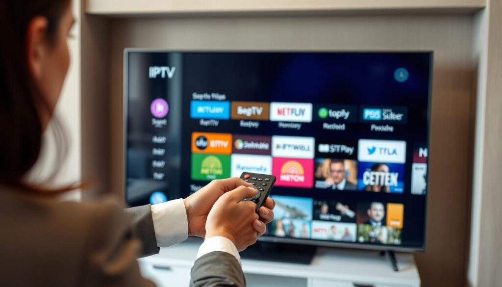 Image of a person choosing an IPTV plan on their TV Image of a person choosing an IPTV plan on their TV