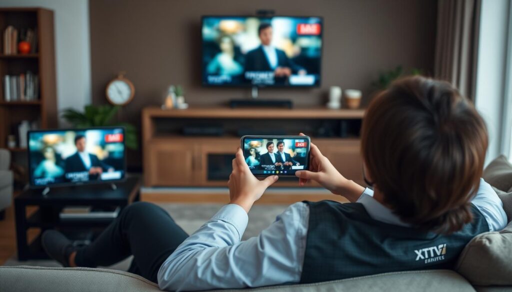 Image of a person enjoying their favorite TV show on multiple devices with xtream iptv
