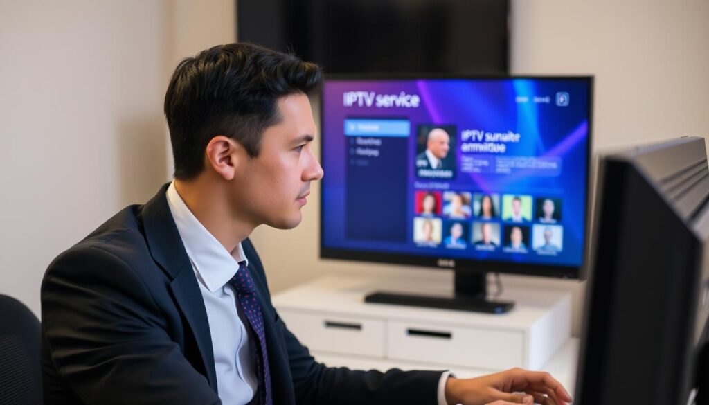 Image of a person looking concerned while using a computer with IPTV service on the screen. Image of a person looking concerned while using a computer with IPTV service on the screen.