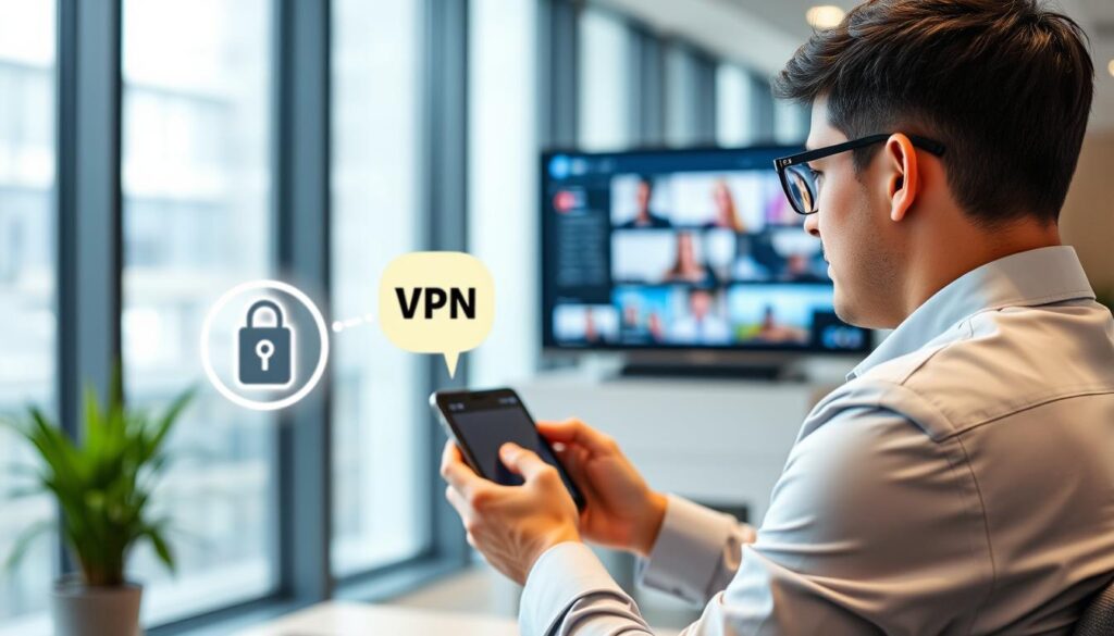 Image of a person streaming IPTV content on a device with a VPN connected Image of a person streaming IPTV content on a device with a VPN connected