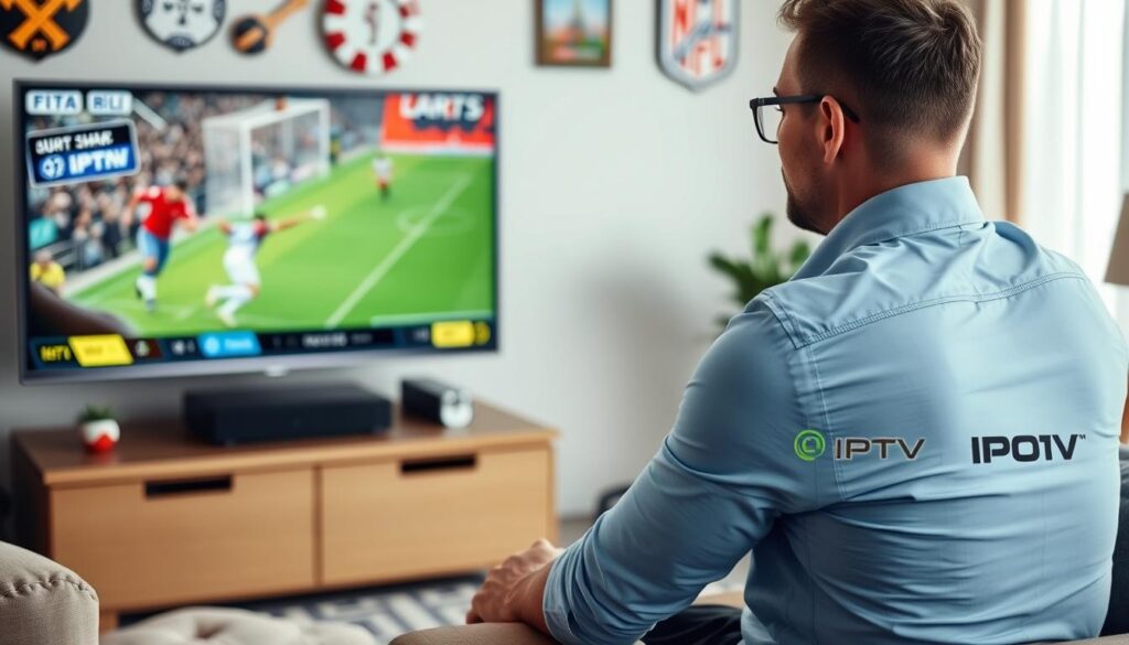 Image of a person watching live sports on a TV with various IPTV service logos in the background.
