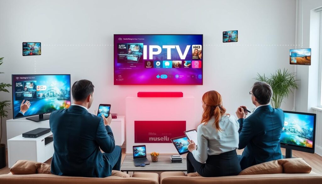 Image of various devices (smart TVs, smartphones, tablets, computers) connected to an IPTV service