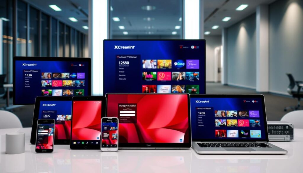 Image of various devices (smartphones, tablets, smart TVs, laptops) with Xtream IPTV interface on their screens.