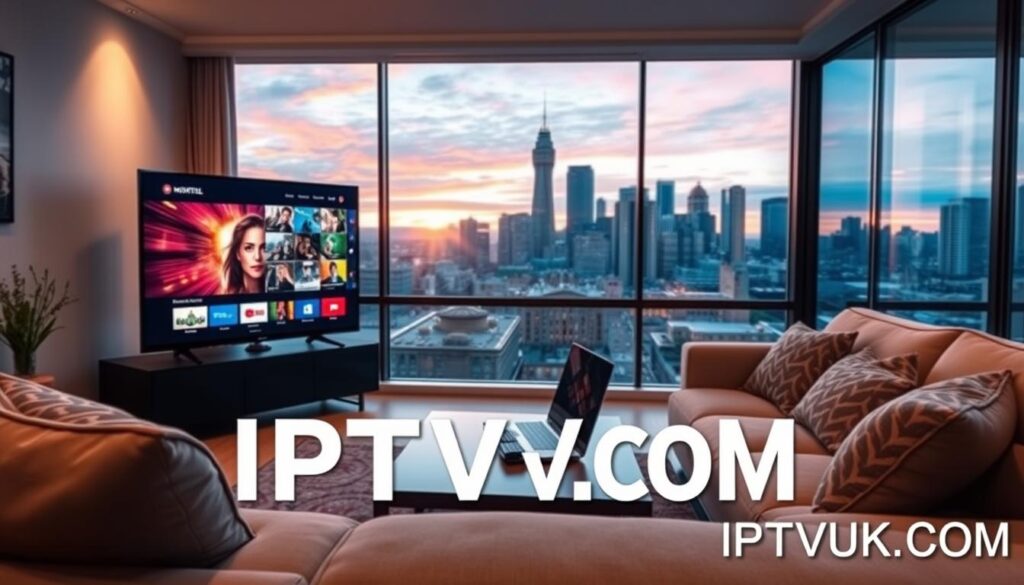 A captivating image depicting the concept of IPTV in Montreal, showcasing a modern living room setting. In the foreground, a sleek flat-screen TV displays streaming content with vibrant colors. A comfortable couch adorned with decorative pillows invites viewers to relax. In the middle ground, a stylish coffee table holds a remote control and a laptop, symbolizing connectivity. The background reveals a large window with a view of the Montreal skyline, featuring iconic buildings and a dusky sunset sky, casting warm lighting into the room. The atmosphere should feel cozy and inviting, reflecting the convenience and excitement of IPTV services. Include the brand name "IPTVVUK.COM" subtly integrated into the design without text overlays.