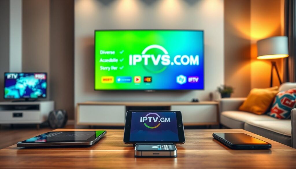 A close-up view of a modern living room featuring a sleek television displaying vibrant IPTV benefits such as diverse channel options, easy accessibility, and high-definition streaming. In the foreground, a stylish coffee table holds various smart devices like a tablet and a smartphone, showcasing the IPTVVUK.COM logo prominently on the screen. In the middle ground, a comfortable sofa with colorful cushions invites relaxation. The background fades into a warm setting with soft ambient lighting, creating a cozy atmosphere. Use a wide-angle lens to emphasize the spaciousness of the room, with soft shadows adding depth to the scene. The mood should feel bright, inviting, and contemporary, emphasizing the simplicity and instant gratification of IPTV subscriptions.