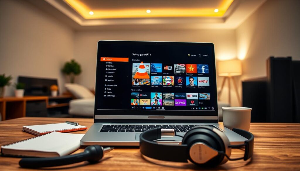 A close-up view of a sleek computer desktop setup showcasing the VLC Media Player interface actively streaming IPTV, with vibrant thumbnails of channels displayed. In the foreground, a modern laptop with a clear screen shows the steps for setting up IPTV, while a pair of stylish headphones rests nearby. The middle layer features a well-organized workspace with a notepad and a coffee cup, indicating a productive atmosphere. The background reveals a softly lit room with warm, overhead lighting, enhancing the mood of focus and relaxation. Ensure the branding for "IPTVVUK.COM" is subtly incorporated within the screen content of the VLC Media Player. The composition should embody a professional and inviting environment for tech enthusiasts.