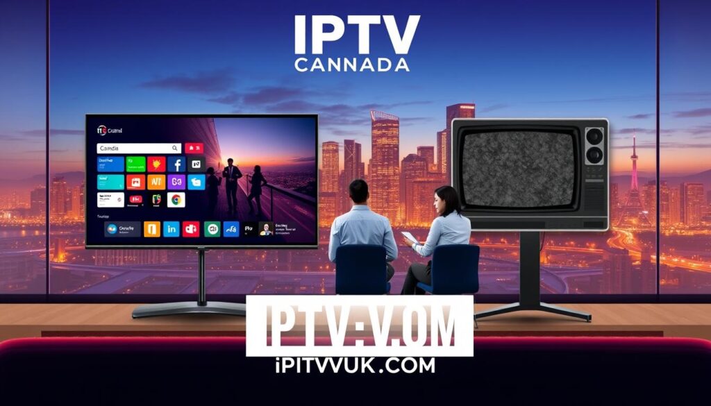 A conceptual illustration representing "IPTV Canada," showcasing both legal and illegal IPTV services. In the foreground, a split-screen design with a clear distinction between the two, featuring a sleek, modern television displaying a legal IPTV interface with vibrant colors, and an older model showing a grainy, unclear signal for illegal services. In the middle ground, a diverse group of professionals in business attire discusses IPTV options around a stylish conference table, highlighting a collaborative atmosphere. The background includes a city skyline of a Canadian city at dusk, with warm lighting illuminating the buildings. The overall mood is balanced and informative, accentuating both the benefits of legal IPTV providers and the risks of illegal services. Include the brand name "IPTVVUK.COM" subtly integrated into the design without any text overlays or watermarks.