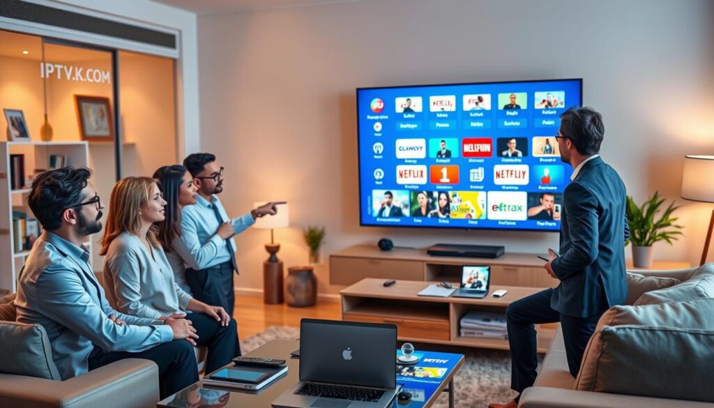 A conceptual image illustrating the advantages and limitations of IPTV, featuring an organized workspace with a sleek modern television displaying various streaming options in vivid colors. In the foreground, a diverse group of three professionals, dressed in business attire, engages in a discussion, pointing toward the screen, emphasizing collaboration. The middle layer includes a table with technological gadgets like a remote control, laptop, and smart devices, symbolizing connectivity and user control. The background showcases a stylish living room environment, softly lit with warm lighting to create a welcoming atmosphere. The overall mood is informative and engaging, capturing the essence of technology and modern viewing experiences, subtly incorporating the brand name IPTVVUK.COM in the room's decor as a design element.
