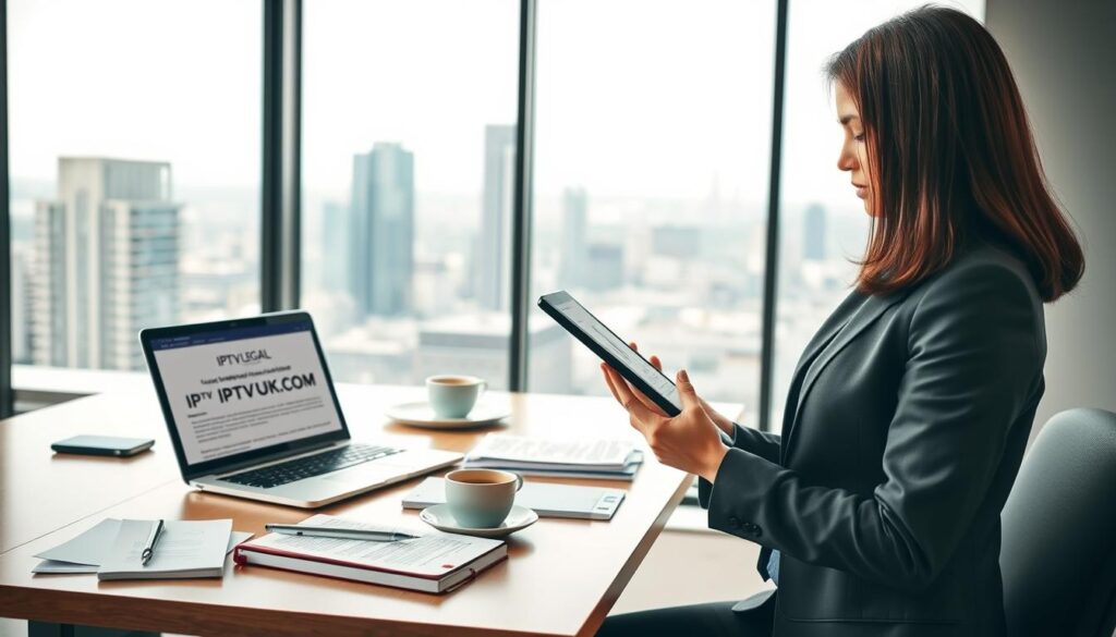 A conceptual representation of "IPTV Legal Considerations" in a modern office setting. In the foreground, a professional businesswoman, dressed in smart casual attire, is reviewing legal documents on a tablet, with a focused expression. In the middle ground, a sleek desk is cluttered with notebooks, a laptop displaying IPTV regulations, and a cup of coffee. In the background, a large window reveals a cityscape, letting in soft, natural light that creates a bright and inviting atmosphere. The entire scene is depicted in a clean, contemporary style, illustrating a blend of technology and legal concepts. The emphasis is on clarity and professionalism, highlighting the critical nature of legal compliance in IPTV services. Include the brand name "IPTVVUK.COM" subtly on the tablet screen.