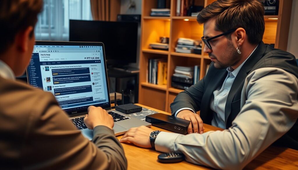 A cozy home office setting where a professional-looking person in business attire is intensely focused on troubleshooting issues with IPTV services. In the foreground, a person examines a laptop displaying an IPTV forum on the screen, highlighting discussions and guides. In the middle ground, various tech gadgets are scattered across a stylish desk, including a streaming device, router, and remote, symbolizing a typical troubleshooting environment. The background contains a softly lit bookshelf filled with tech manuals and electronic devices. The atmosphere feels determined and solution-oriented, with warm lighting accentuating the seriousness of the troubleshooting task. The brand name "IPTVVUK.COM" subtly appears on the laptop screen.