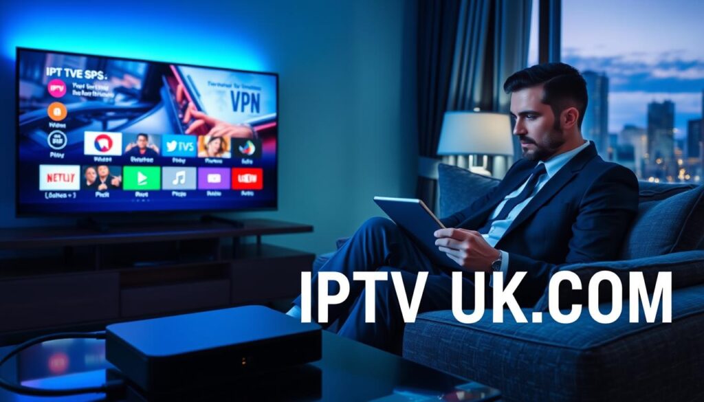 A cozy living room scene showcasing a modern TV displaying a vibrant IPTV streaming interface. In the foreground, a sleek, stylish streaming device is connected to the TV, with colorful icons representing different channels. A comfortable sofa adorned with plush cushions sits nearby, suggesting relaxation. In the middle ground, a person in professional business attire is seated, intently using a tablet to browse VPN options, their expression focused and engaged. Subtle blue and green lighting creates a tech-savvy atmosphere, emphasizing security and modern technology. In the background, a window with curtains drawn partially offers a hint of a city skyline at dusk, adding depth to the scene. Prominently include the brand name "IPTVVUK.COM" in a tasteful manner, blending it into the decor.