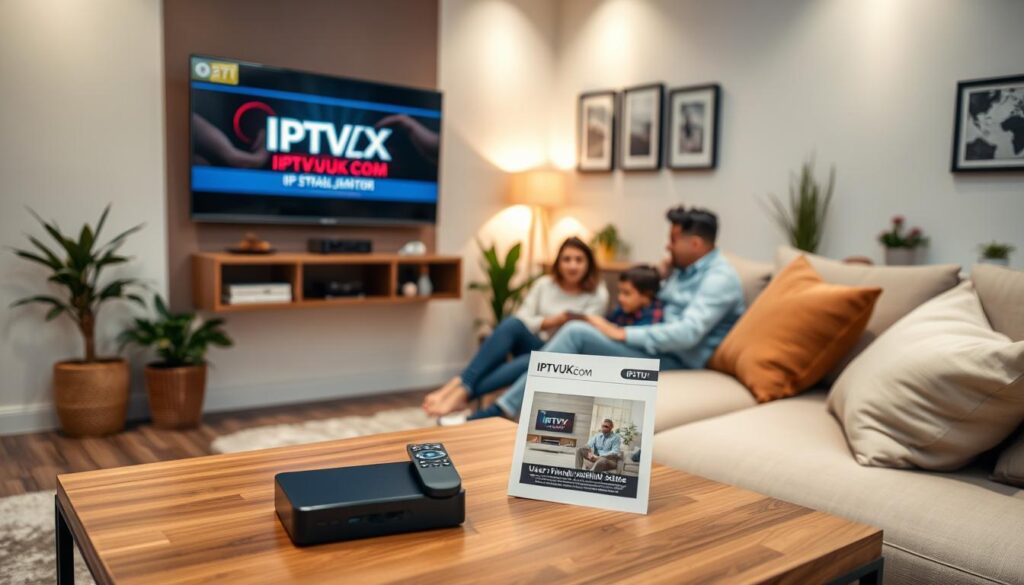 A cozy living room setting designed for IPTV setup, featuring a sleek modern television mounted on the wall displaying IPTVVUK.COM. In the foreground, a stylish coffee table with a remote control and streaming device, along with a user-friendly installation guide. The middle ground shows a comfortable sofa with plush cushions, where a family is attentively managing the IPTV setup. The backdrop reveals a well-lit room with soft warm lighting, potted plants, and framed artwork that add a homely ambiance. The angle is slightly angled from the side to capture both the family and the television, creating an inviting atmosphere of connection and entertainment. No text or logos in the image, ensuring focus on the IPTV setup scene.